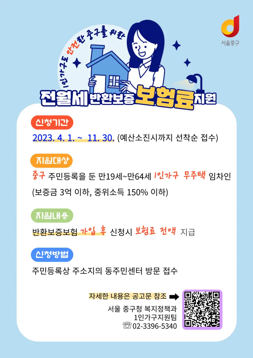 중구1인가구 전월세 보증금 반환보증 보험료 지원